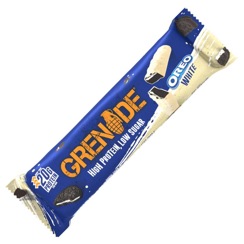 Grenade Proteinriegel Oreo White - Proteinreicher, zuckerarmer Snack mit 20g Protein pro Riegel, überzogen mit weißer Schokolade und echten Oreo-Stückchen.
