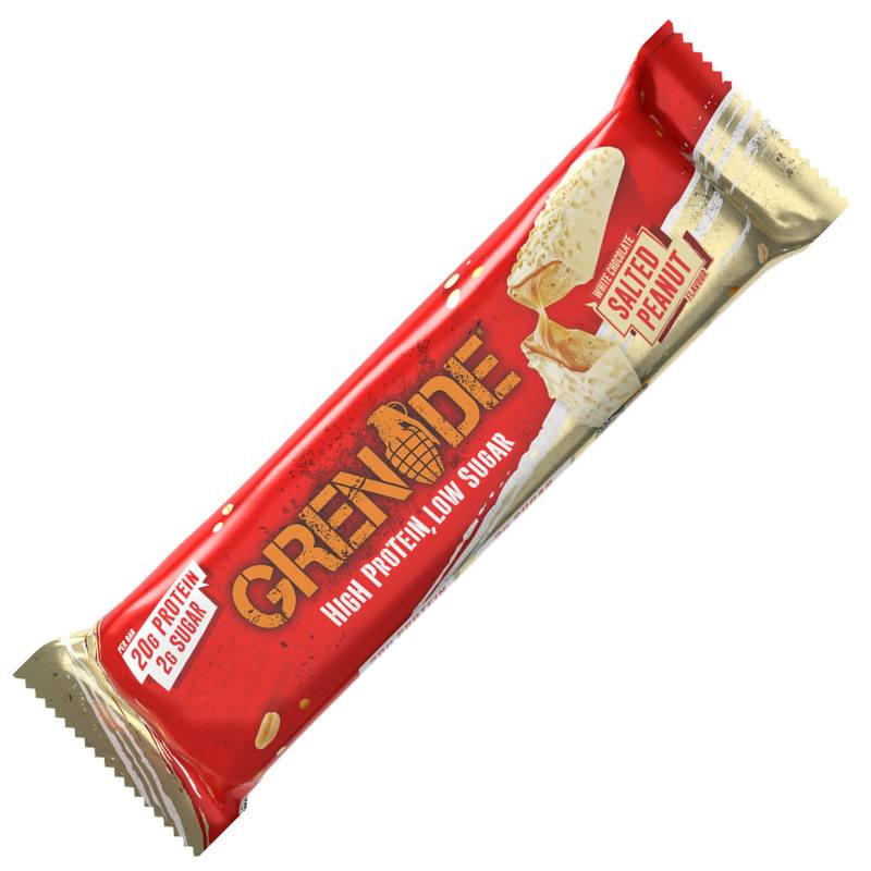 Abbildung des Grenade Protein Riegels White Chocolate Salted Peanut mit 20g Protein und weniger als 2g Zucker pro Riegel, umhüllt von weißer Schokolade und Erdnussstückchen.