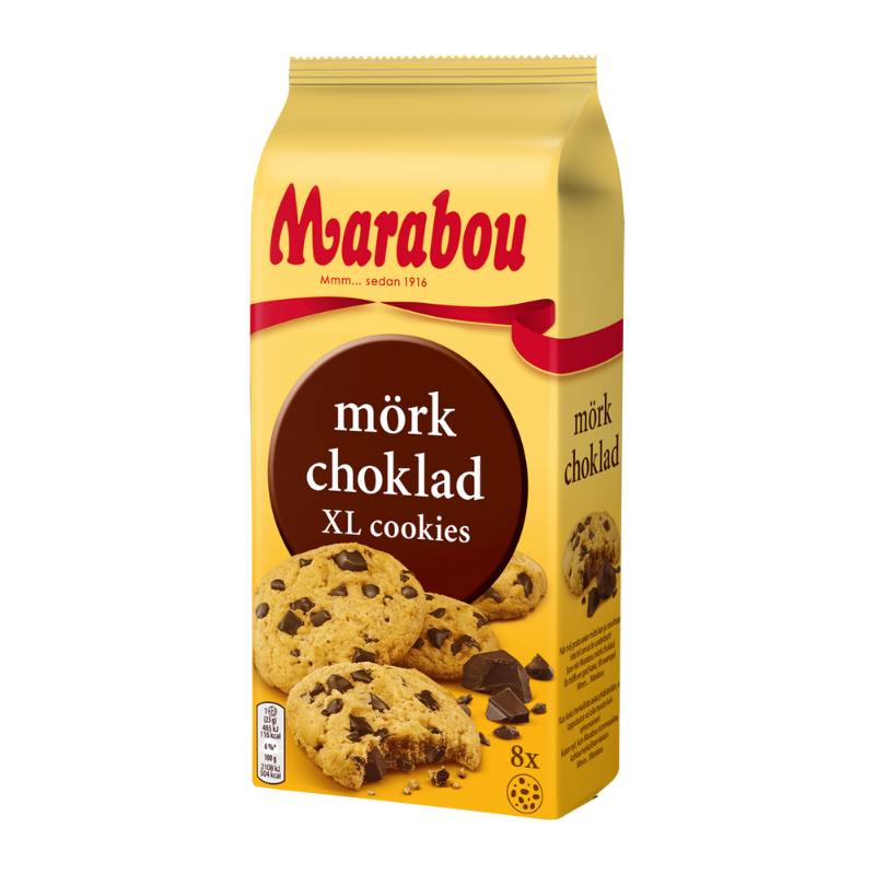 Marabou XL Cookies Zartbitter in einer Verpackung mit Abbildungen von großen, dunklen Schokoladen-Cookies mit Splittern und einem Marabou-Logo.