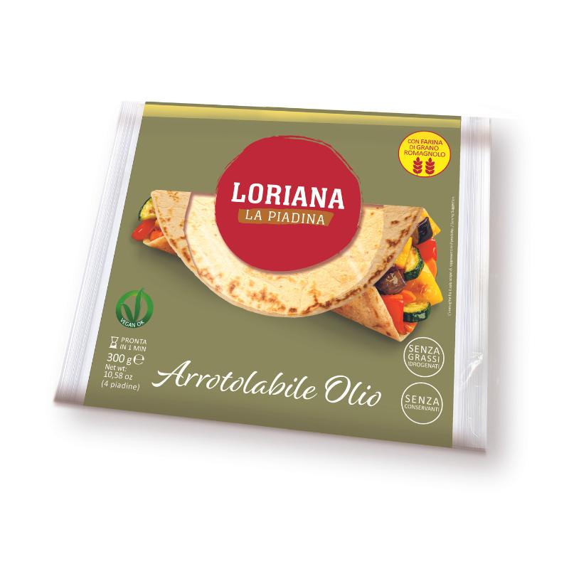 Abbildung von Loriana Piadina ARROTOLABILE OLIO, ein traditionelles italienisches Fladenbrot aus der Romagna, perfekt für leckere Wraps. Verpackung vor weißem Hintergrund.