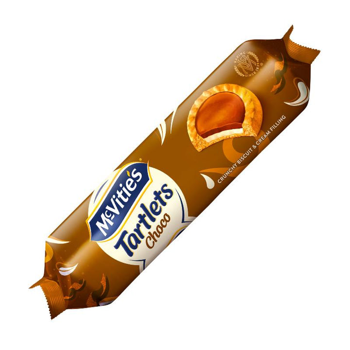 McVitie's Tartlets Choco – Packung mit knusprigen Biskuitkeksen, gefüllt mit Milchcreme und Schokoladencreme, ideal für den kleinen Genuss zwischendurch.