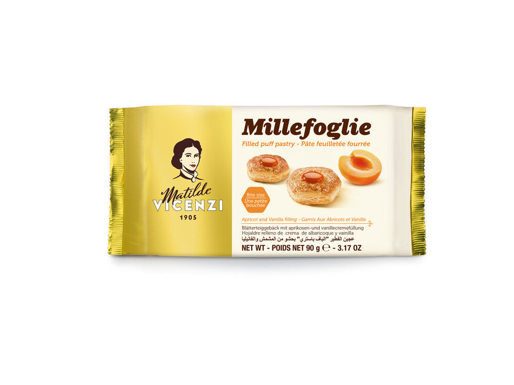 Vicenzi Millefoglie Aprikose-Vanille: Knuspriges Blätterteiggebäck mit Aprikosen- und Vanillecreme.