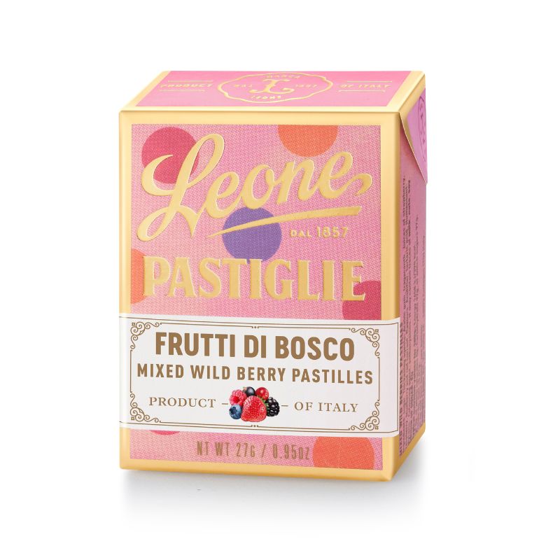 Bild von Leone Pastillen Waldbeeren in nostalgischer Verpackung, zeigt kleine, köstliche Zuckerpastillen aus Waldfrüchten, glutenfrei und ideal für Zwischendurch.