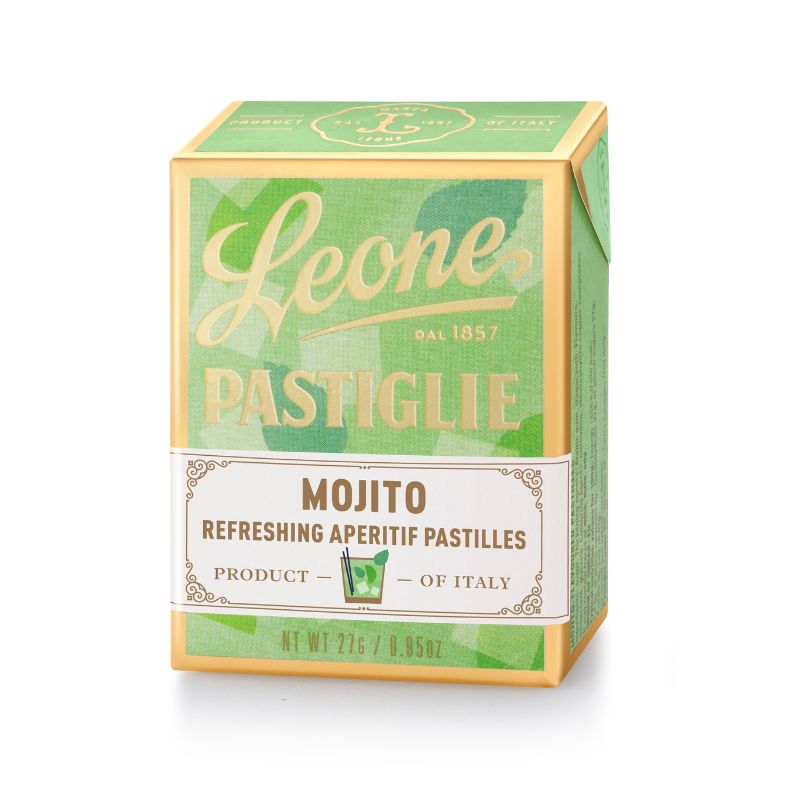 Leone Pastillen Mojito in nostalgischer Verpackung, inspiriert vom berühmten Mojito-Cocktail, bestehend aus Rum, braunem Zucker, Limettensaft und Minzblättern, auf einem weißen Hintergrund. Ideal für den erfrischenden Genuss zwischendurch
