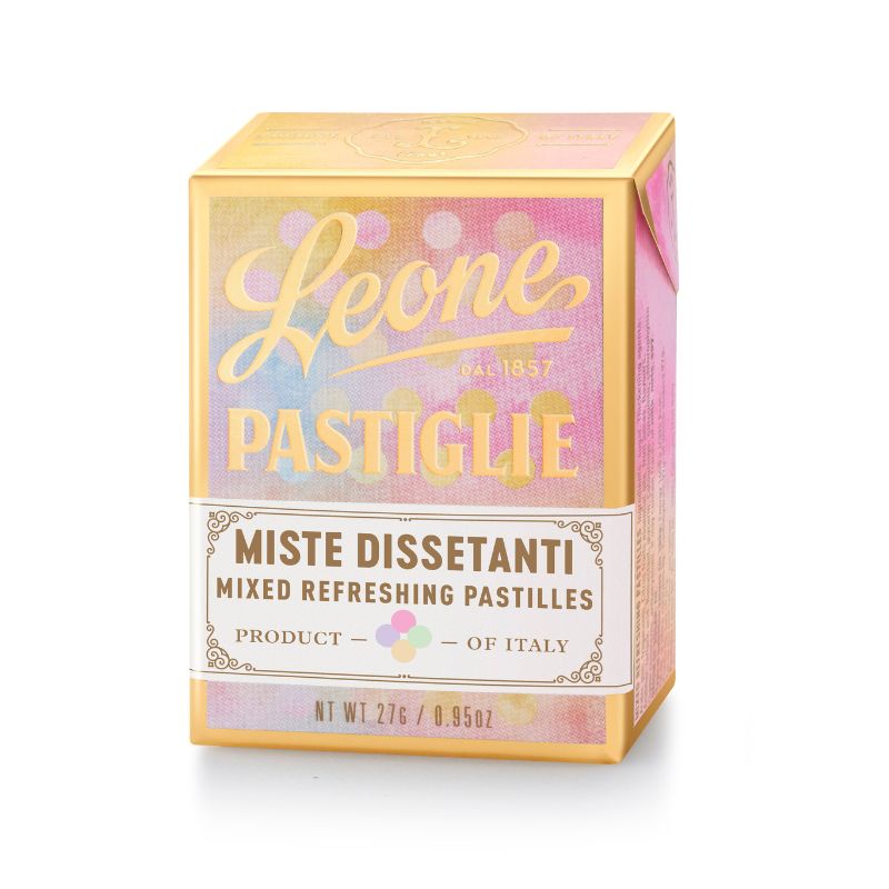 Produktbild des Leone Pastillen Mix in einer eleganten Schachtel mit dem Leone-Logo, glutenfrei und vegan, in verschiedenen erfrischenden Geschmacksrichtungen