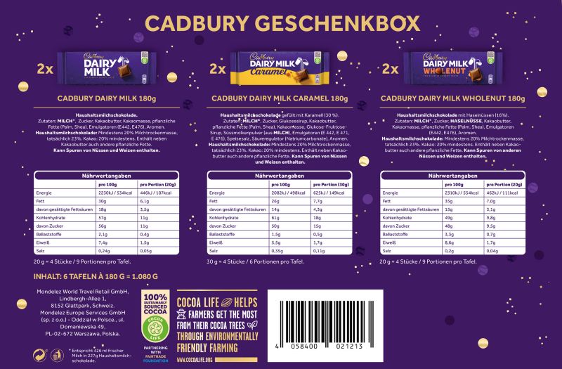 Cadbury Geschenkbox | 1,08 kg,  6 Tafeln à 180g, inkl. Vollmilch, Karamell und Ganze Nuss