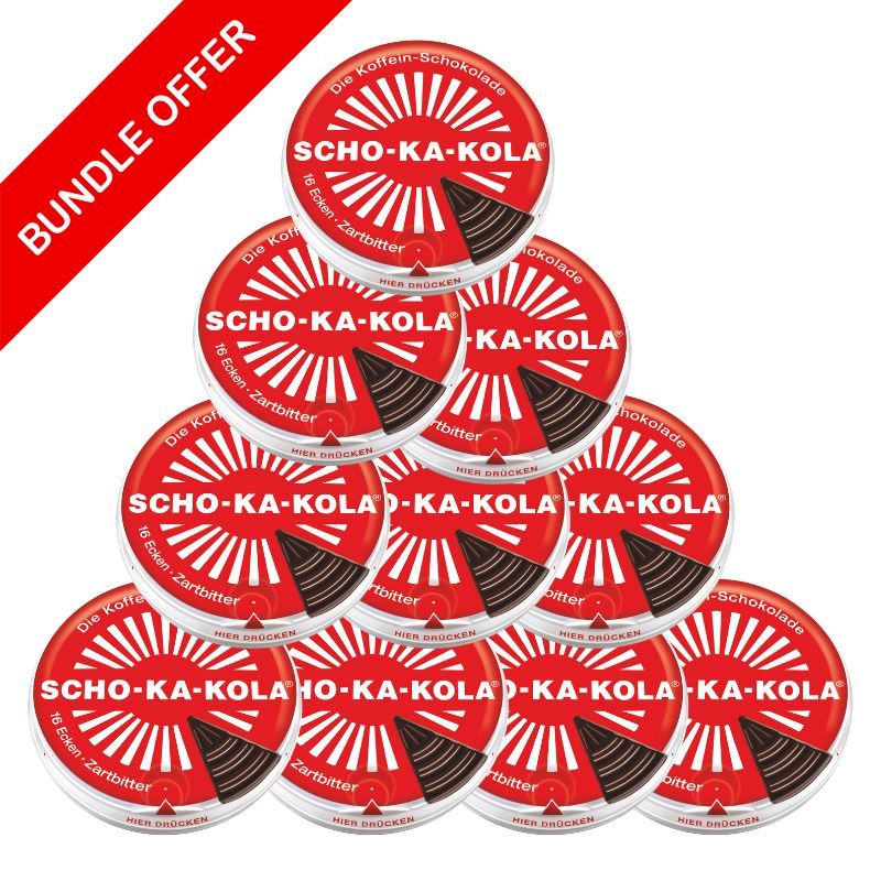 Scho-Ka-Kola Zartbitter 10er Pack – Energie-Schokolade in der runden Dose, bestehend aus 16 zartschmelzenden Ecken mit Koffein aus Kakao, Kaffee und Kolanuss.