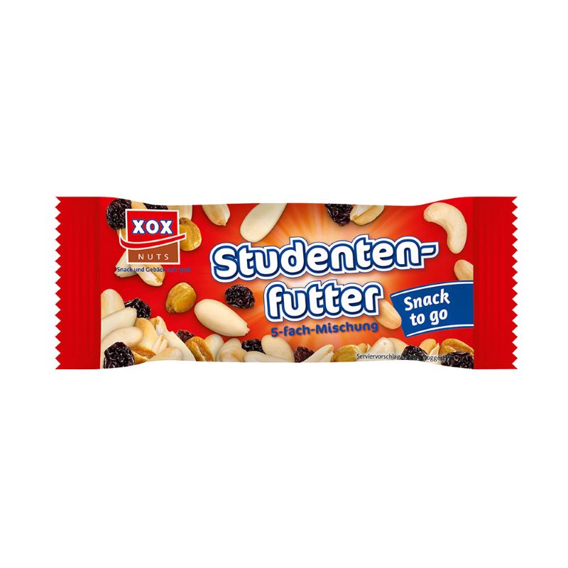 XOX Studentenfutter 50g – Kernige Nussmischung aus gerösteten Erdnüssen, blanchierten Mandeln, Cashewkernen, Weinbeeren und frittierten Maiskörnern im praktischen Kleinbeutel.