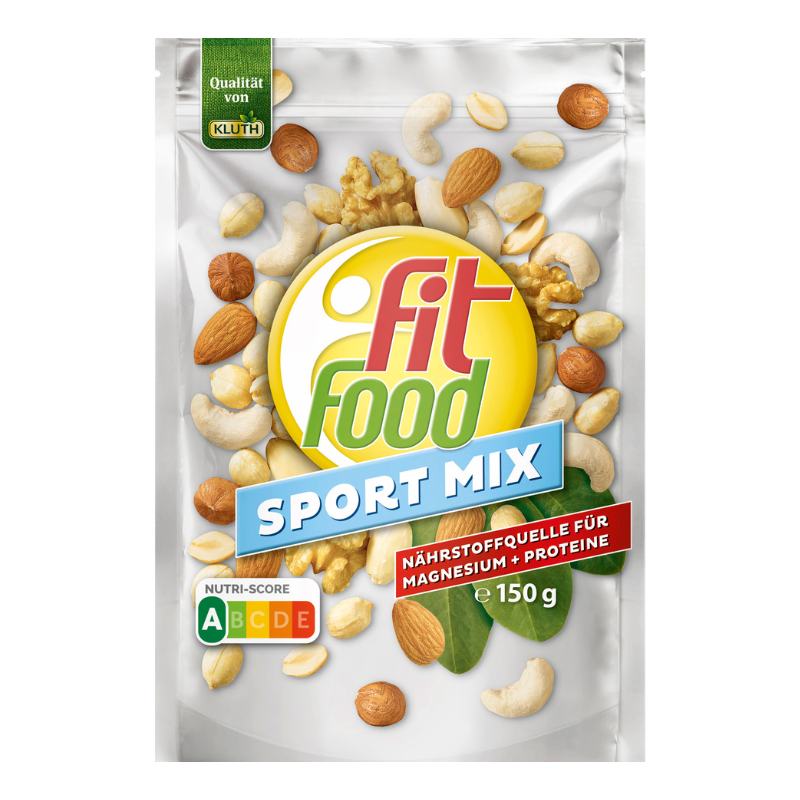 Abbildung des Kluth Fit Food Sport Mix 150g, eine proteinreiche Nussmischung in einem wiederverschließbaren Beutel, ideal für Sportler und gesunde Knabbereien.