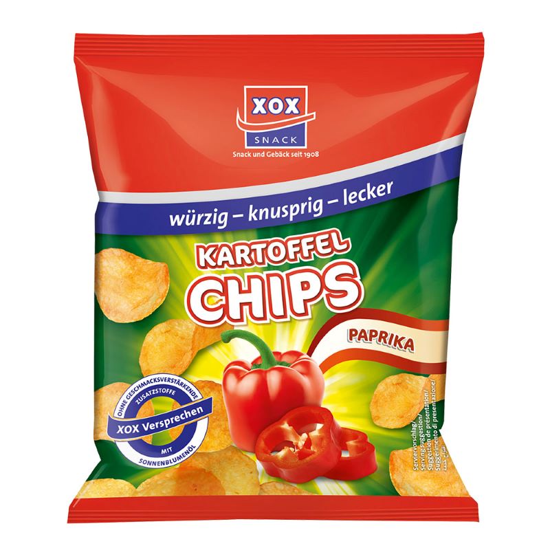 Packung XOX Kartoffelchips Paprika 30g, knusprige Chips mit natürlicher Paprika-Note, hergestellt ohne Geschmacksverstärker, ideale Portionsgröße für unterwegs.