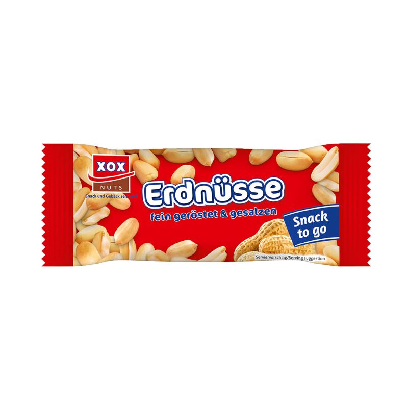 XOX Erdnüsse gesalzen im 50g Kleinbeutel, argentinische Erdnüsse schonend mit Öl geröstet für vollen Geschmack und feines Aroma, ideal als salziger Snack, Salatbeilage oder zum Kochen.