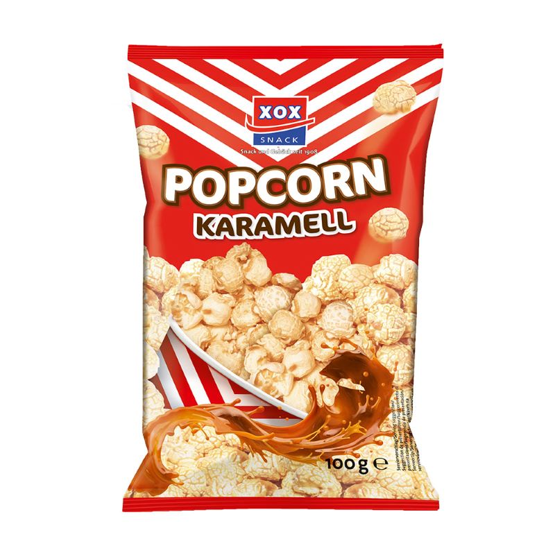 Handlicher 100g Beutel XOX Popcorn Süß, karamellisiertes Popcorn für das perfekte Heimkino-Erlebnis.