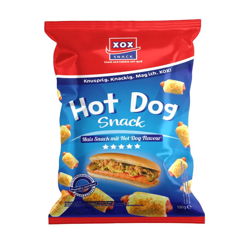 Abbildung des XOX Hot Dog Snack 110g in der Originalverpackung, knuspriger Mais-Snack mit Hot Dog Geschmack, ideal für Party-Snacks und salzige Snackliebhaber.