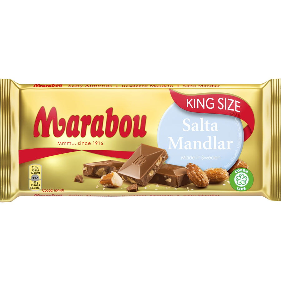 Marabou Schokolade Salz-Mandel in gelber Verpackung, zartschmelzende schwedische Schokolade mit knackigen, gesalzenen Mandeln